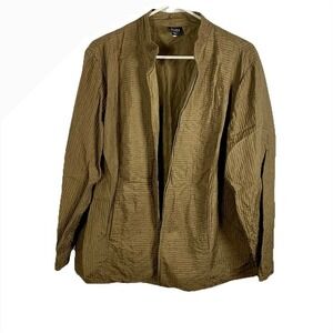 Eileen Fisher Women 1X Khaki Textured Silk Mandarin Collar Open Front Jacket